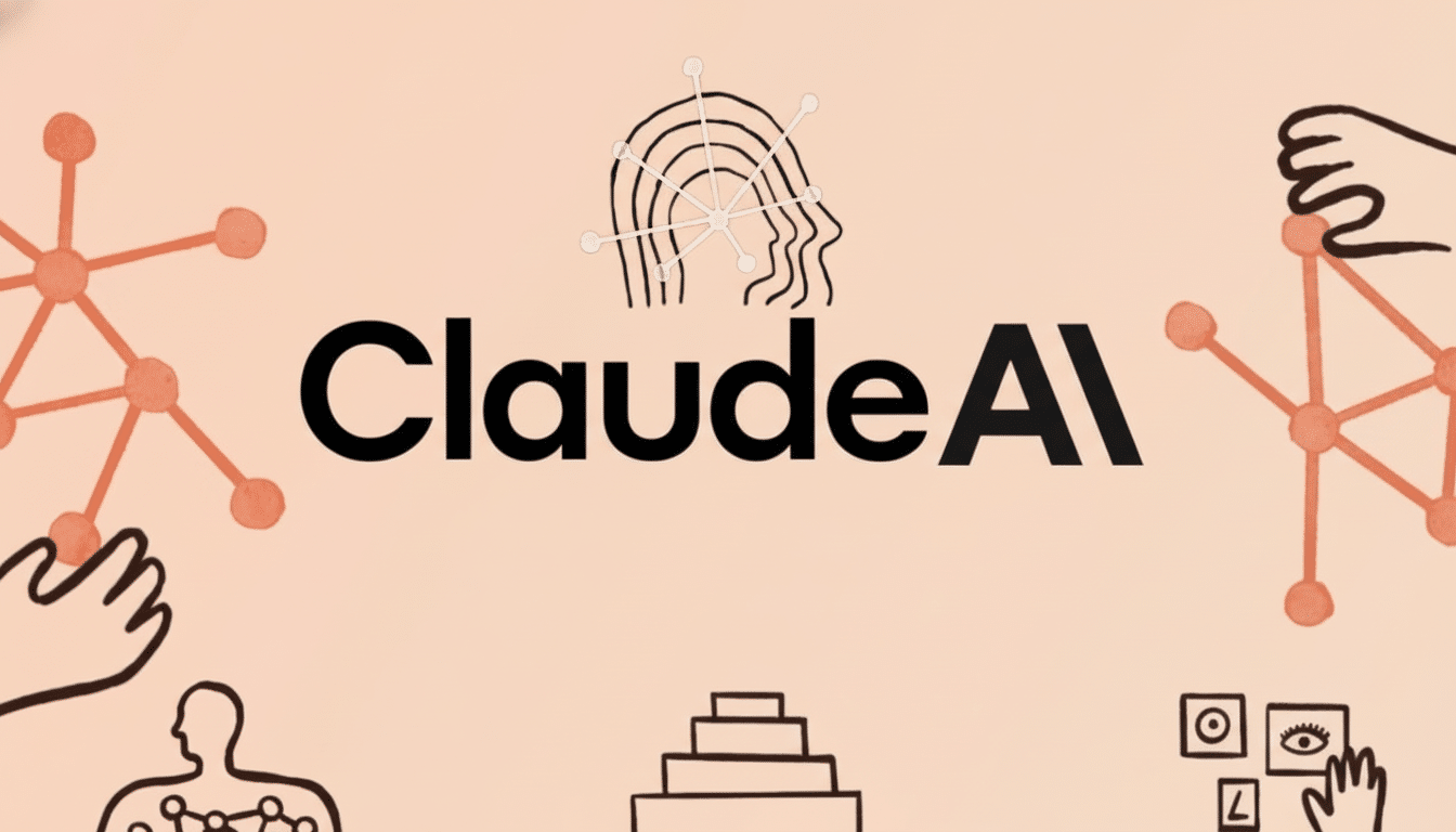 The Claude AI logo is centered on a light peach background, surrounded by various abstract illustrations related to AI and human interaction.