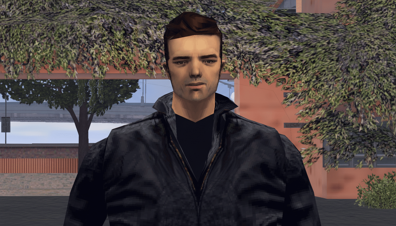 A professionally enhanced image of a man in a black leather jacket, resized to a 16:9 aspect ratio, with the original background preserved.