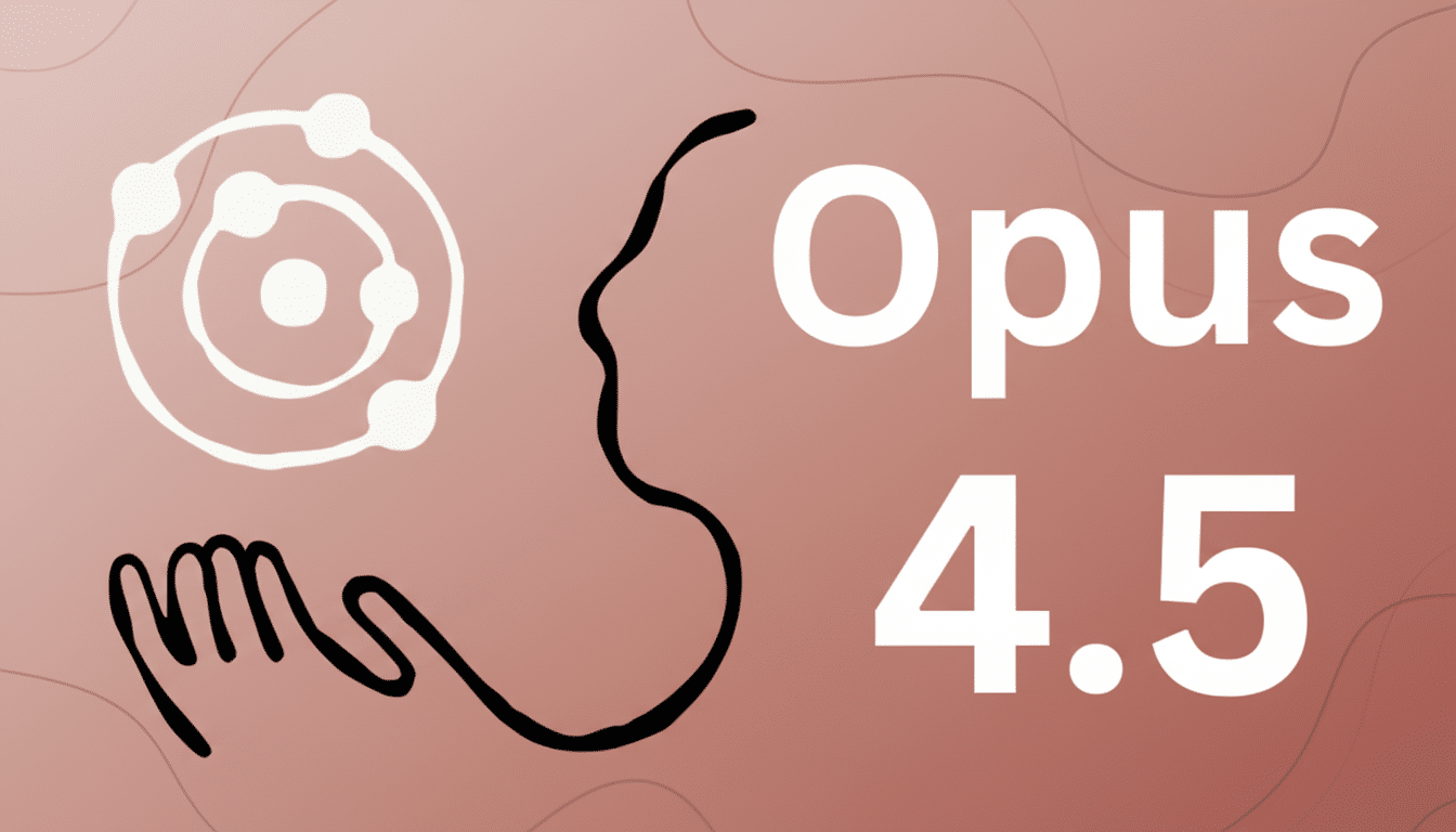 The Opus 4.5 logo, featuring a stylized atom and a hand, on a professional flat design background with soft patterns.
