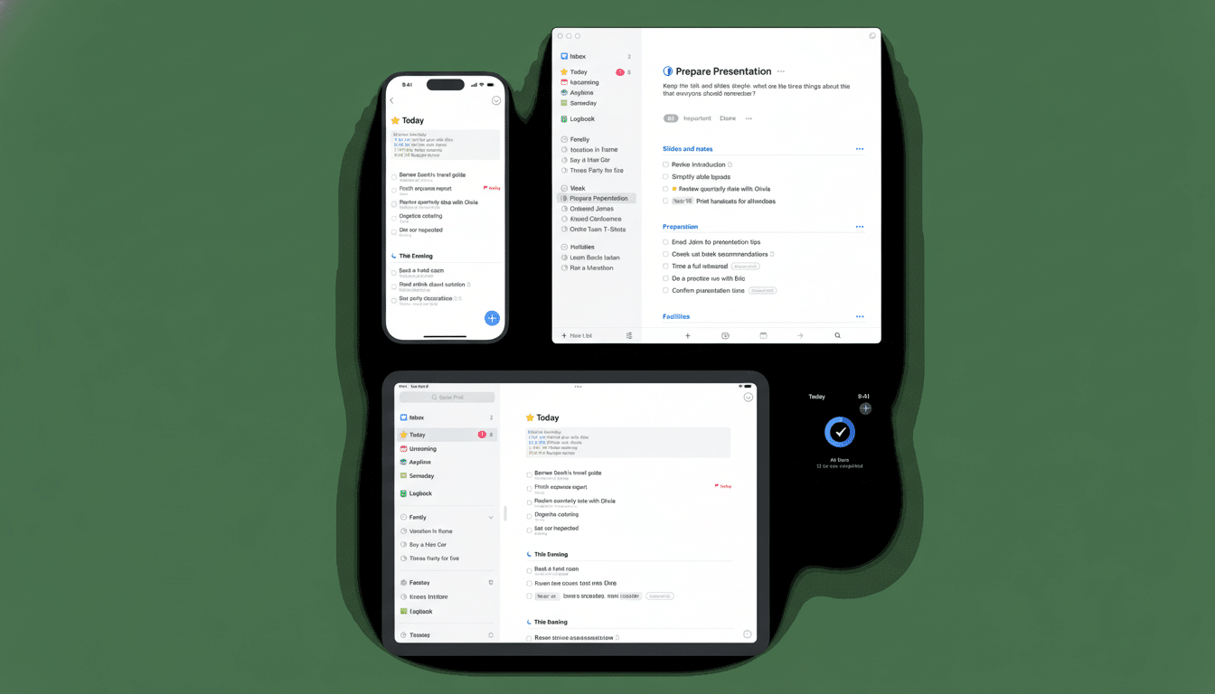 A professional, clean presentation of three Apple devices (iPhone, iPad, and MacBook) displaying a task management application. The iPhone shows a Today view with various tasks, the MacBook displays a detailed Prepare Presentation task with notes and sub-tasks, and the iPad shows a similar task list. The background is a dark, solid color, providing a sleek and focused look on the devices and their interfaces.