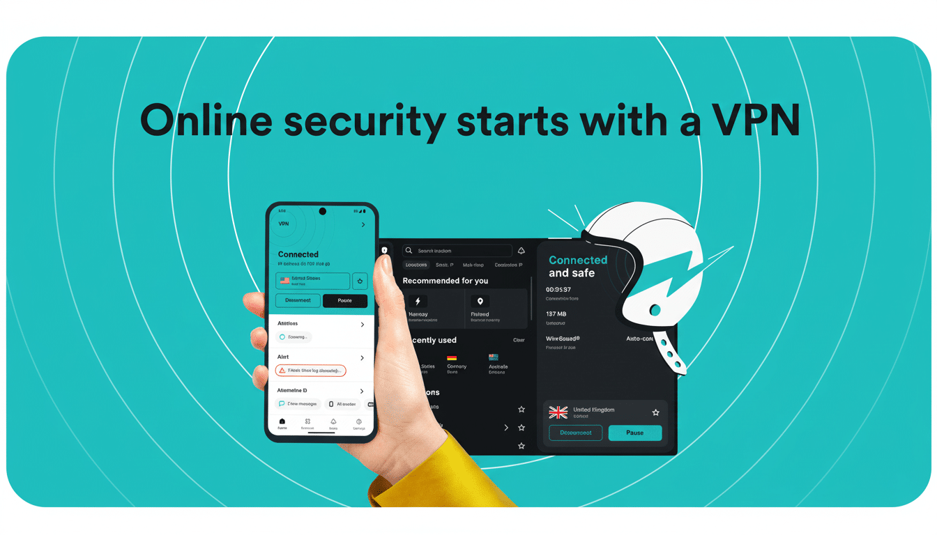 A hand holding a smartphone displaying a VPN app interface, with a larger desktop VPN interface shown behind it, all set against a teal background with the text Online security starts with a VPN.