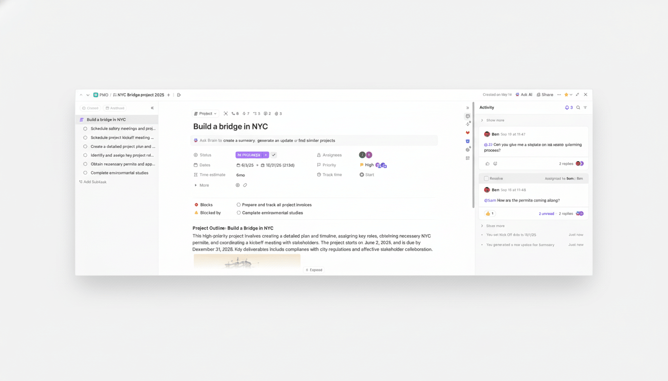 A project management software interface displaying details for a project titled Build a bridge in NYC. The project is in progress, with a high priority, and shows tasks, dates, and activity logs.