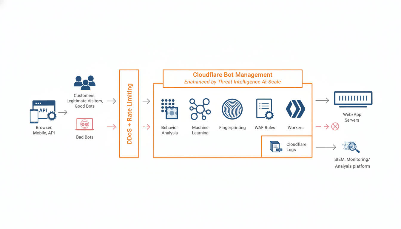 A diagram illustrating Cloudflare Bot Management, showing how traffic from browsers, mobile, and APIs, including customers, legitimate visitors, good bots, and bad bots, passes through DDoS + Rate Limiting before entering Cloudflare Bot Management. Within Bot Management, processes like Behavior Analysis, Machine Learning, Fingerprinting, WAF Rules, and Workers are applied, enhanced by Threat Intelligence At-Scale. Legitimate traffic proceeds to Web/App Servers, while Cloudflare Logs are sent to a SIEM, Monitoring/Analysis platform.