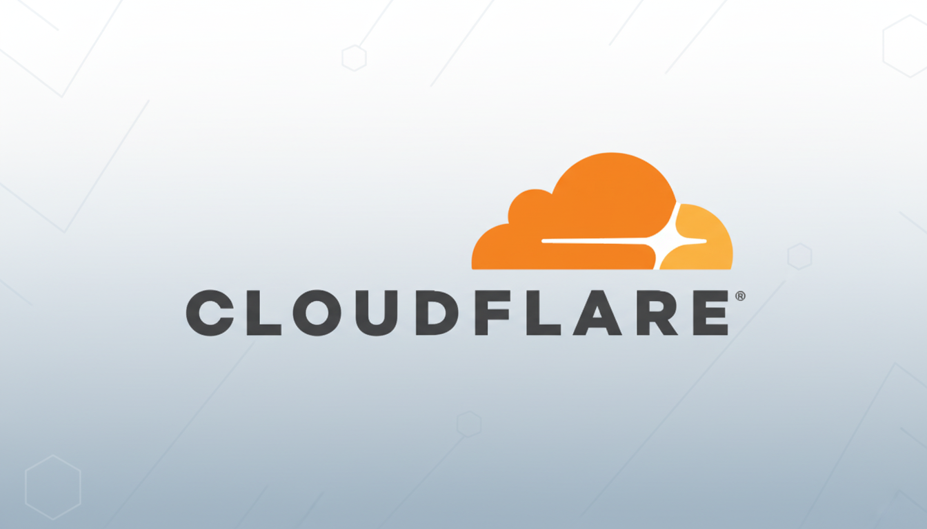 The Cloudflare logo, featuring an orange cloud icon with a stylized 2 or Z shape integrated, above the word CLOUDFLARE in dark gray capital letters, all set against a professional light gray background with subtle geometric patterns.