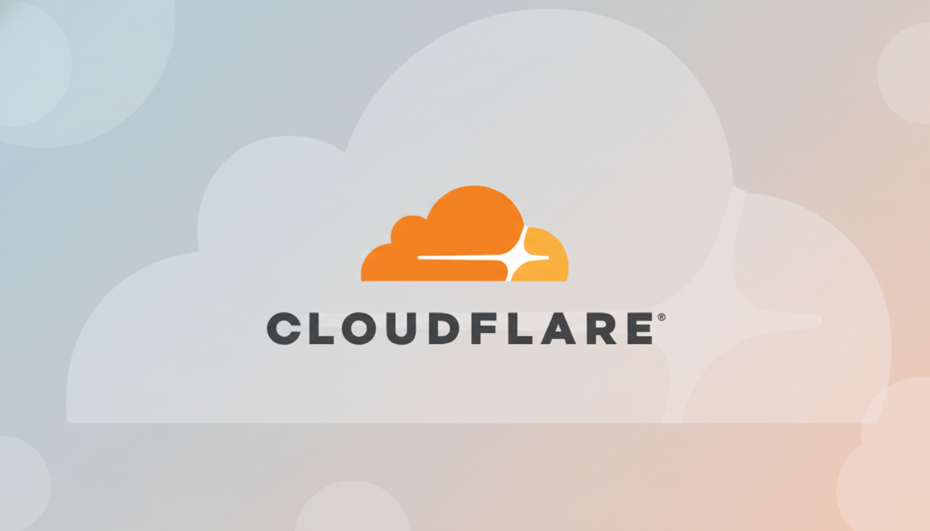 The Cloudflare logo, featuring an orange cloud with a stylized starburst, centered on a professional flat design background with soft gray and orange gradients and subtle cloud-like patterns.