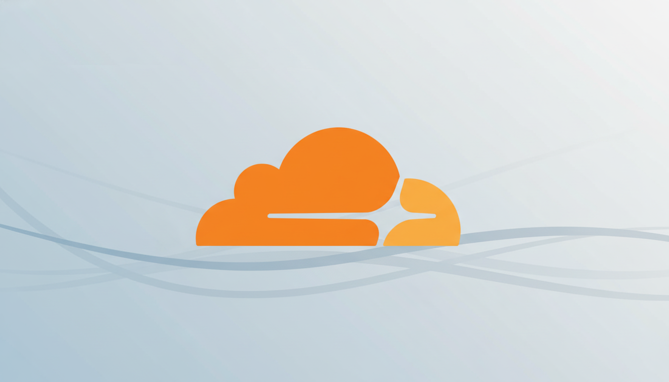 An orange cloud-like logo with a stylized white line through it, set against a light blue and white gradient background with subtle wavy lines.