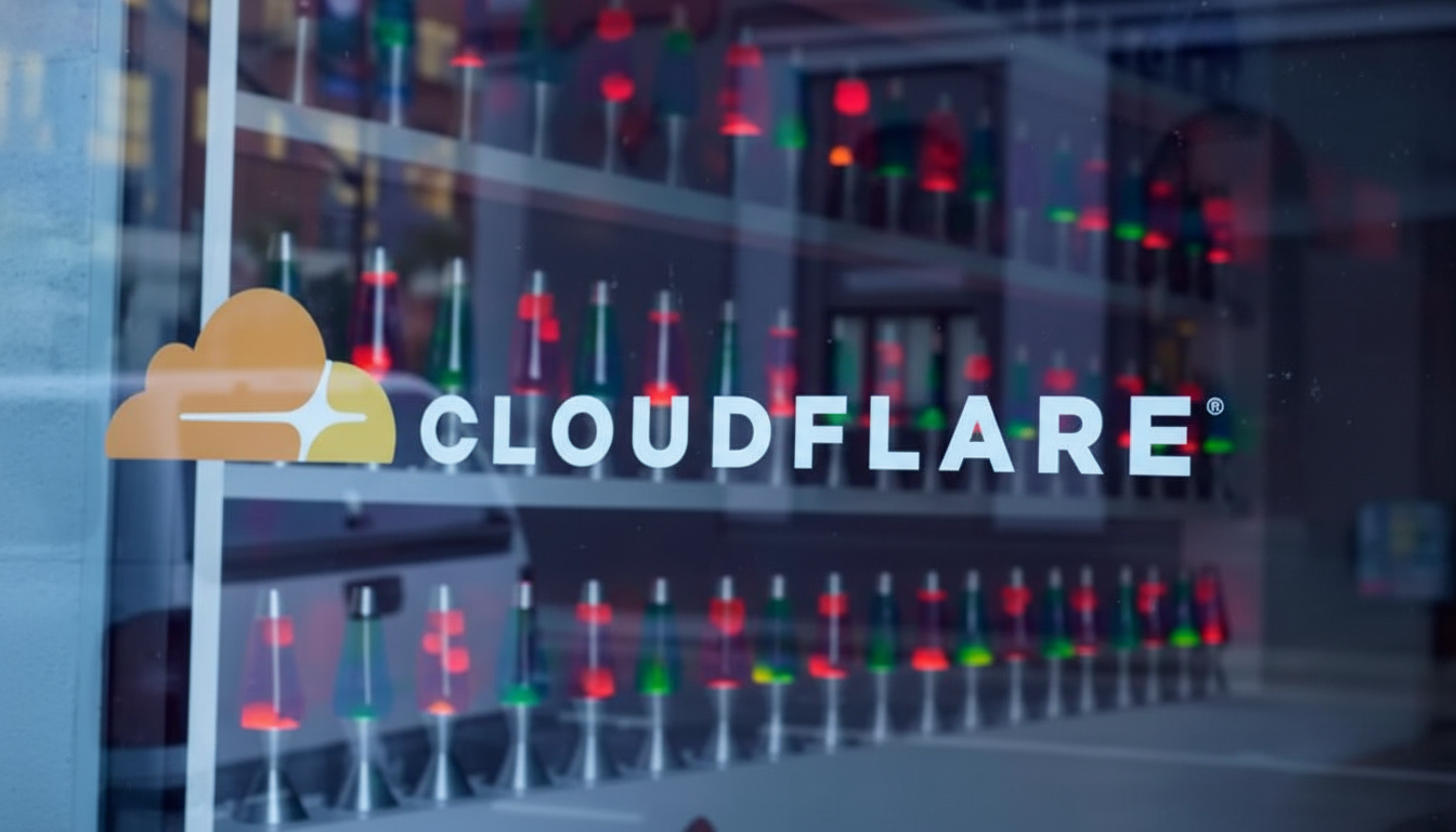 The Cloudflare logo and name are displayed on a glass window, reflecting the street outside. Inside, rows of colorful lava lamps glow in red and green.