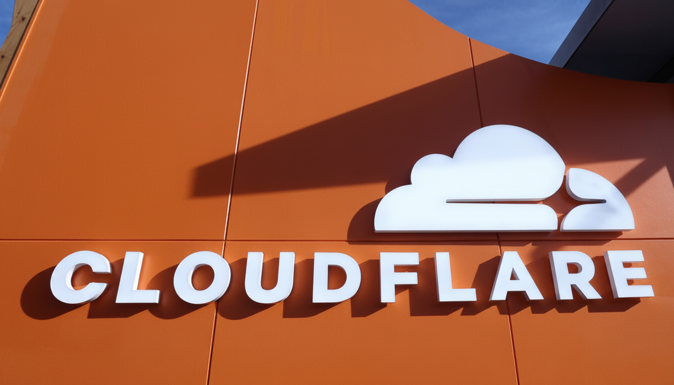 The Cloudflare logo and name in white 3D letters on an orange building facade, with a blue sky visible at the top.