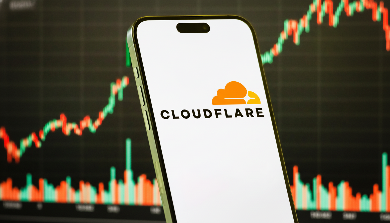 A smartphone displaying the Cloudflare logo and name on its screen, set against a background of a stock market chart with red and green lines.