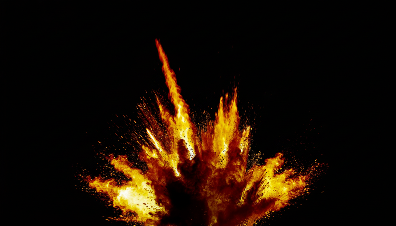 A vibrant explosion of orange and yellow powder erupts upwards against a stark black background, with fine particles scattering outwards.