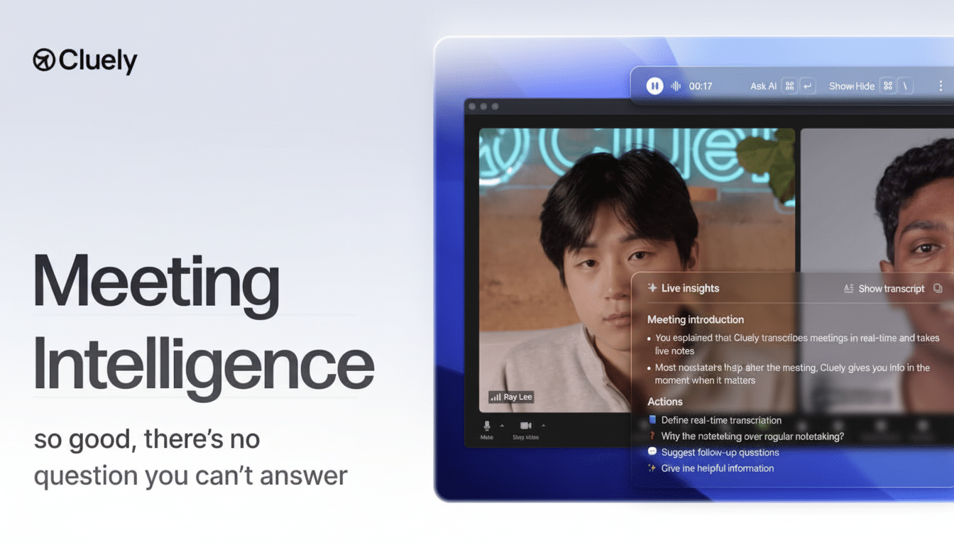 A professional image with Cluely logo and Meeting Intelligence text on the left, and a video conferencing interface on the right showing two participants and live insights.