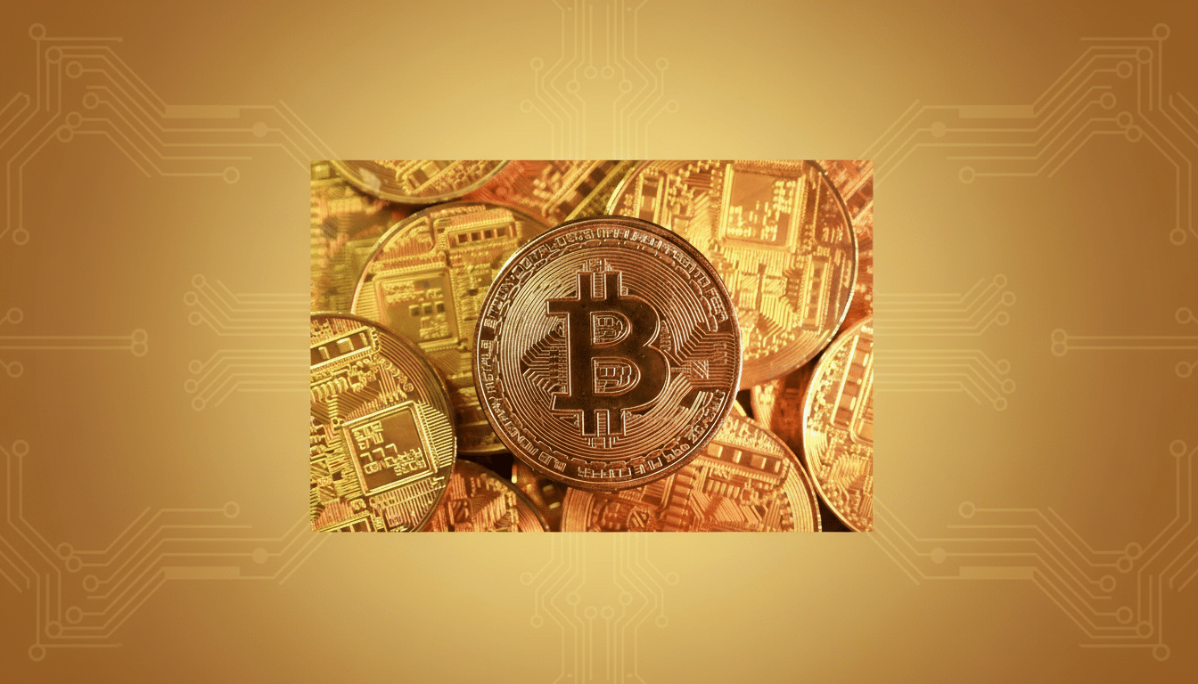 A professionally enhanced image of a golden Bitcoin coin, centrally placed on a background of other Bitcoin coins, resized to a 16:9 aspect ratio. The background has been subtly changed to a professional flat design with soft patterns resembling circuit board traces, maintaining a clean and focused presentation of the cryptocurrency.
