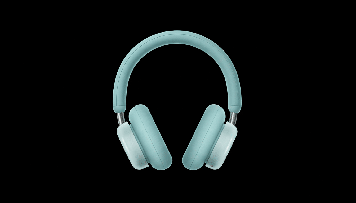 A pair of light blue over-ear headphones with white earcups, presented on a black background.