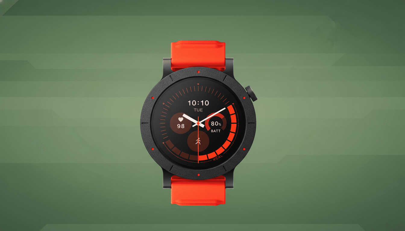 A black smartwatch with a bright orange band, displaying the time 10:10, Tuesday, a heart rate of 98, and 80% battery, centered on a professional green background with subtle geometric patterns.