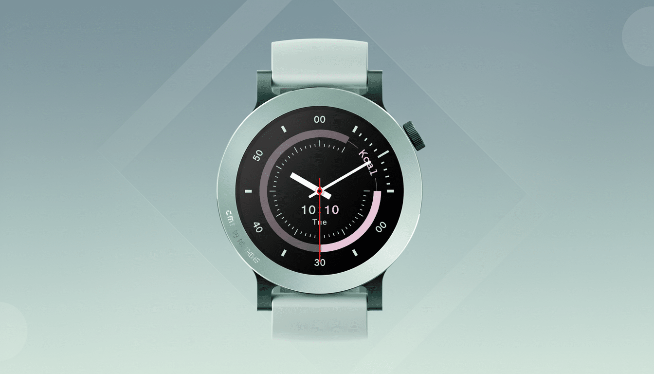 A smartwatch with a light green band and a dark face displaying the time 10:10 and Tue, set against a professional light gray and blue gradient background.