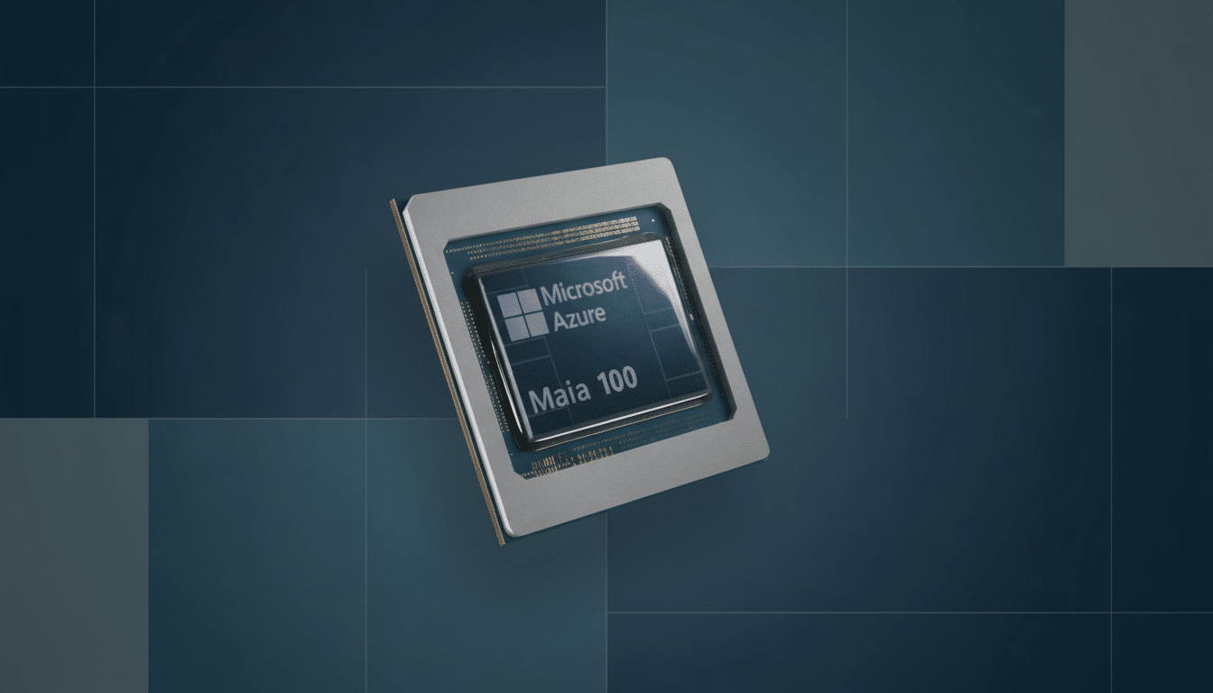 A Microsoft Azure Maia 100 chip on a professional flat design background with soft patterns.