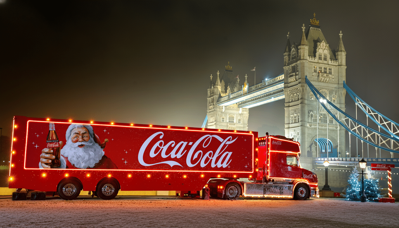 A Coca-Cola Christmas truck with an image of Santa Claus holding a Coca-Cola bottle, parked in front of the illuminated Tower Bridge at night.