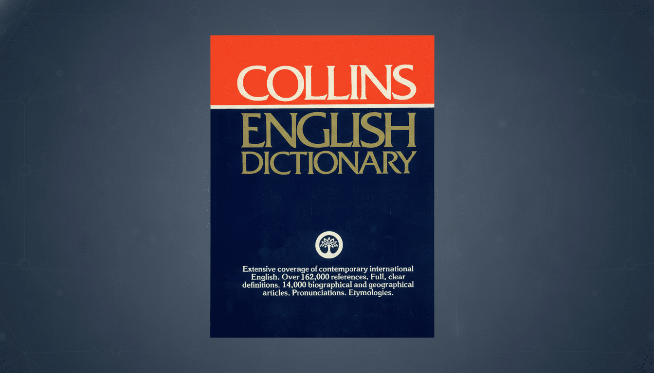 The cover of the Collins English Dictionary, featuring a red top section with COLLINS in white, and a dark blue bottom section with ENGLISH DICTIONARY in gold. Below this, a white tree logo is centered, followed by descriptive text about the dictionarys contents. The book is centered on a dark gray background with a subtle, light gray geometric pattern.