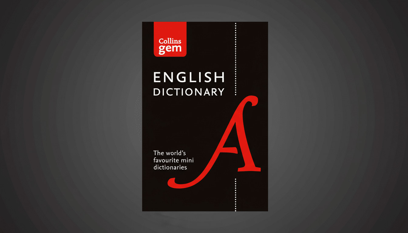 A 16:9 aspect ratio image of the Collins Gem English Dictionary cover, featuring a black background with white text and a large red A. The dictionary cover is centered on a professional dark gray gradient background.