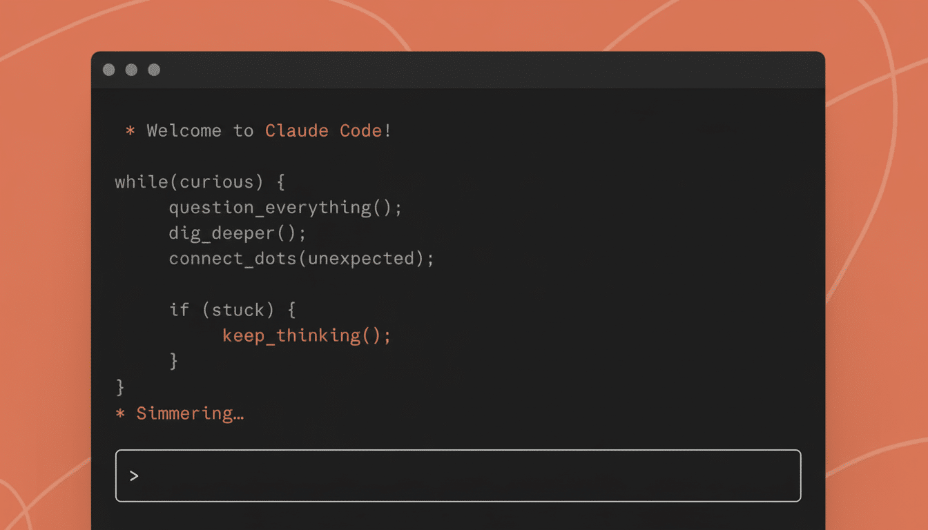 A professional enhancement of the original image, resized to a 16:9 aspect ratio. The image displays a dark grey code editor window with the title Welcome to Claude Code! and several lines of code, including a while loop and an if statement. The background is an orange-brown color with subtle, light orange circular patterns.