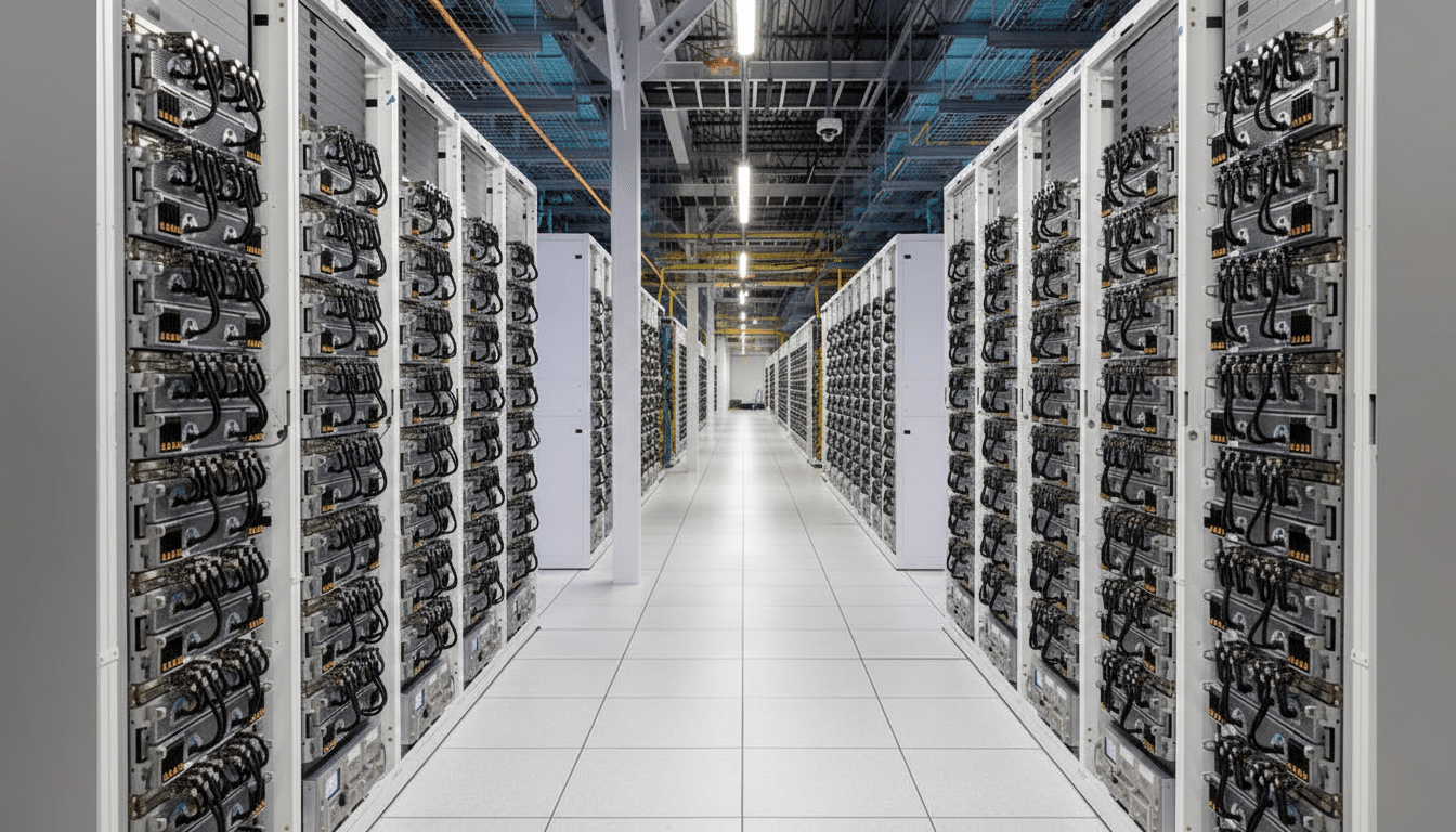 A long aisle in a data center, lined on both sides with tall racks of servers.