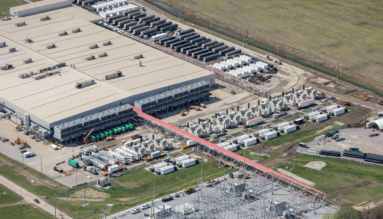 An aerial view of a large industrial complex with multiple buildings, cooling units, and an electrical substation, surrounded by green fields.