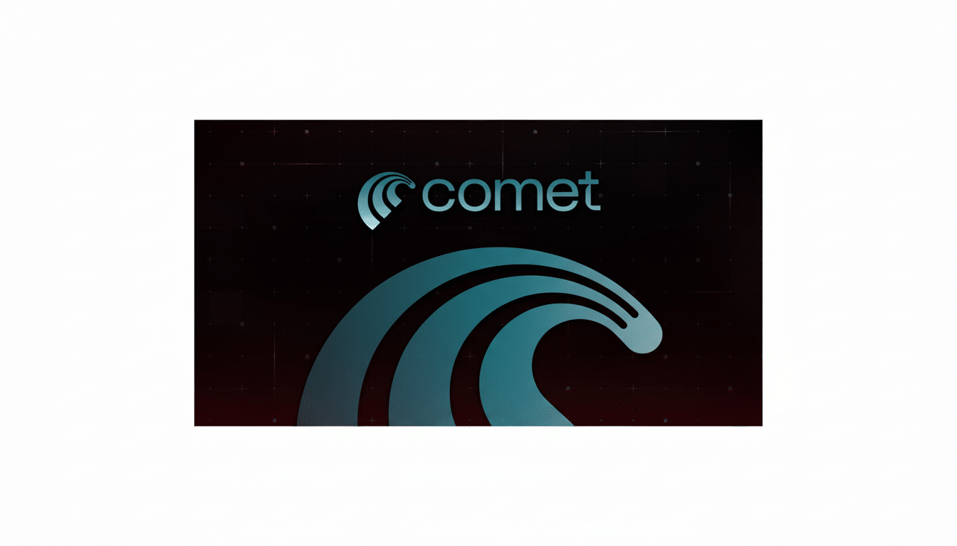 The Comet logo and wave design on a dark background, resized to a 16:9 aspect ratio with a white border.