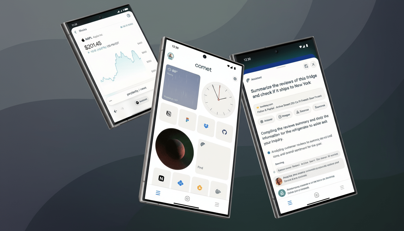 Three smartphones displaying different app interfaces, including a stock chart, a weather and widget screen, and a search results page.