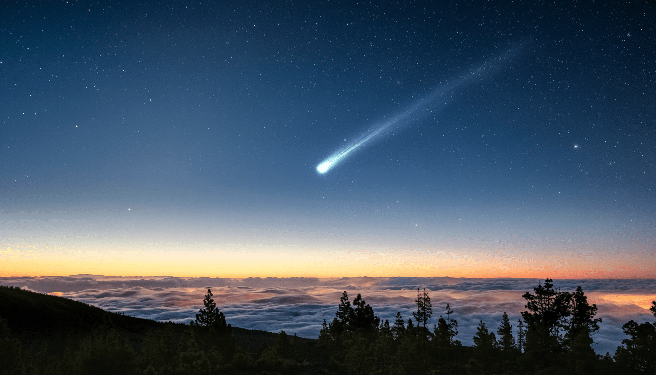 A comet with a bright tail streaks across a star-filled night sky above a layer of clouds and a dark mountain landscape at twilight.