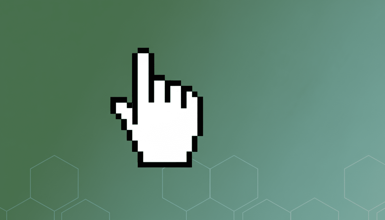 A white pixelated hand cursor pointing upwards, set against a professional flat design background with a soft green gradient and subtle hexagonal patterns.