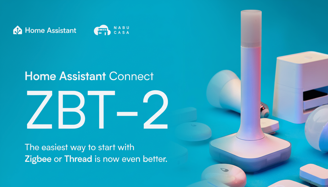 A 16:9 aspect ratio image featuring Home Assistant Connect ZBT-2 text on a blue background, with various smart home devices like a central white hub, light bulbs, and sensors.