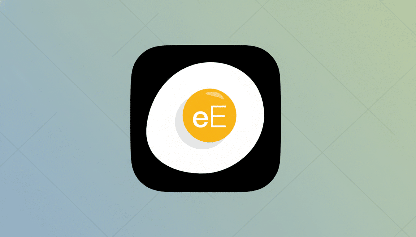 A black square with rounded corners, containing a white oval shape that resembles a fried egg. In the center of the white oval is a yellow circle with the white letters eE on it. The background is a professional flat design with soft patterns and gradients.