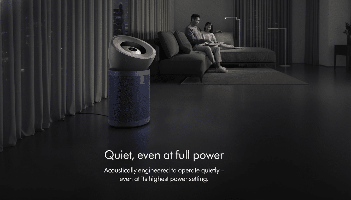 A dark, moody image of a modern air purifier in the foreground, with a couple relaxing on a sofa in the background. The text Quiet, even at full power and Acoustically engineered to operate quietly – even at its highest power setting is overlaid on the image.