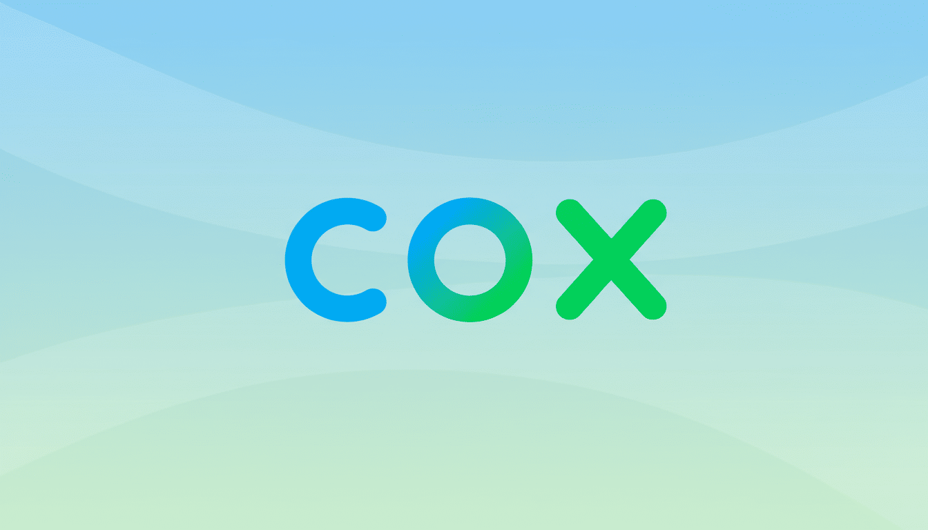 The Cox logo, featuring the word COX in a modern, rounded sans-serif font. The C is blue, the O transitions from blue to green, and the X is green. The logo is centered on a professional flat design background with soft, light blue and green gradients and subtle wave patterns.