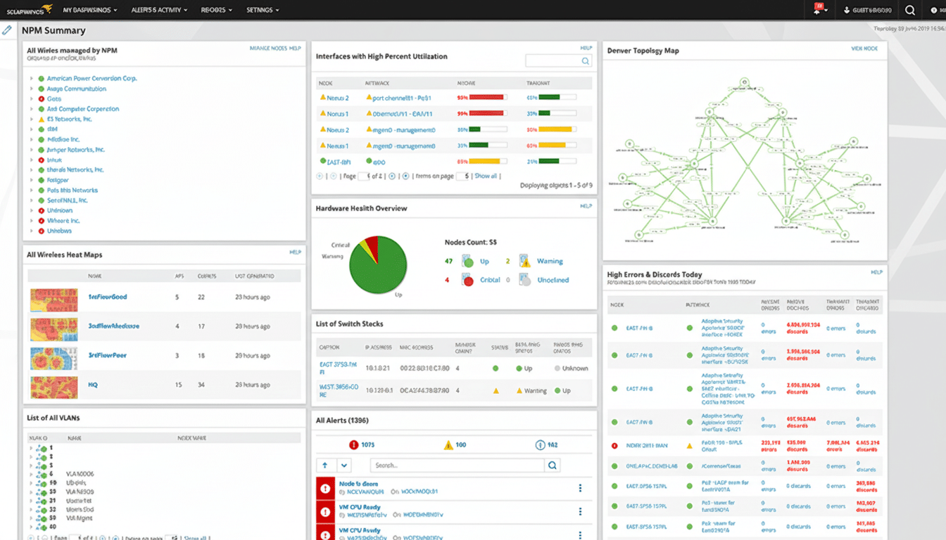 A screenshot of the SolarWinds NPM Summary dashboard, displaying various network monitoring widgets including node management, interface utilization, hardware health, switch stacks, wireless heat maps, VLANs, and alerts.