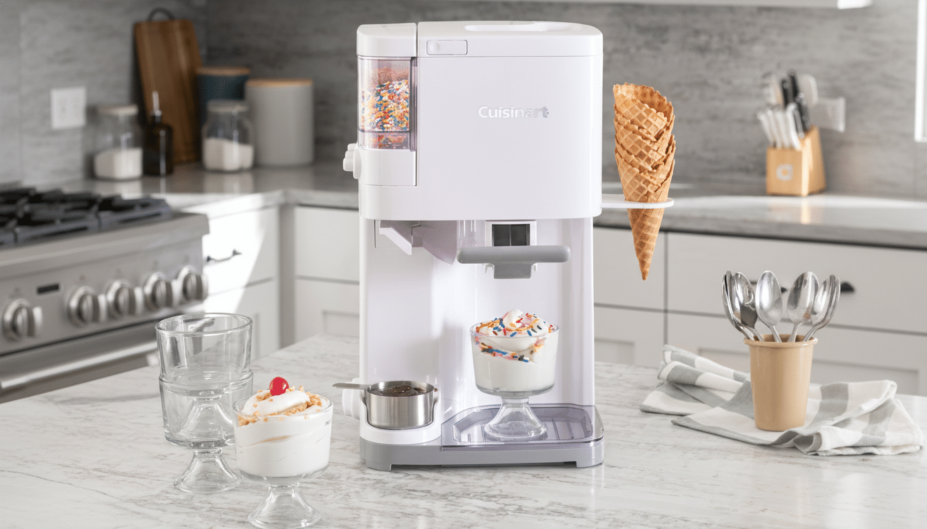 A Cuisinart ice cream maker on a kitchen counter, dispensing soft-serve ice cream into a glass bowl with sprinkles.