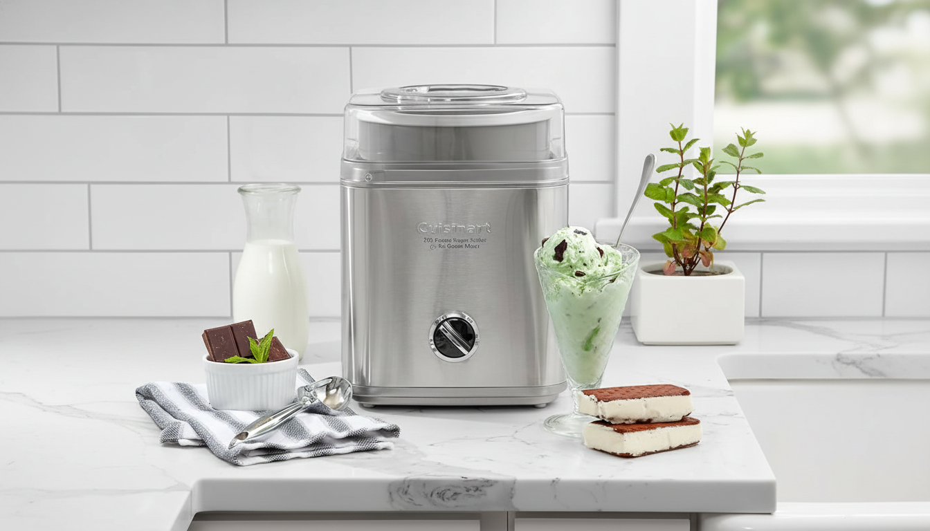 A Cuisinart ice cream maker on a kitchen counter with mint chocolate chip ice cream, ice cream sandwiches, milk, and chocolate.