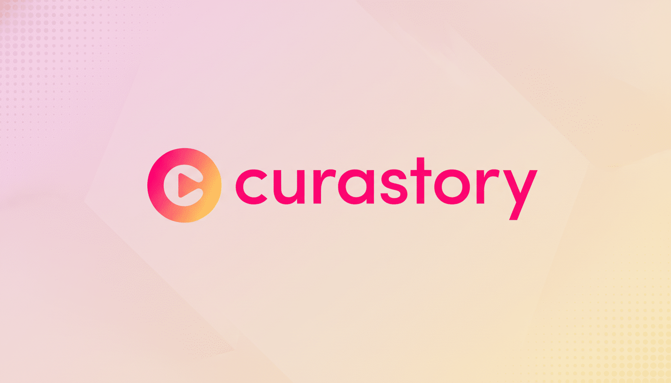 The Curastory logo, featuring a pink and orange gradient play button icon next to the word curastory in a vibrant pink font, set against a soft, professional background with subtle gradients and patterns.