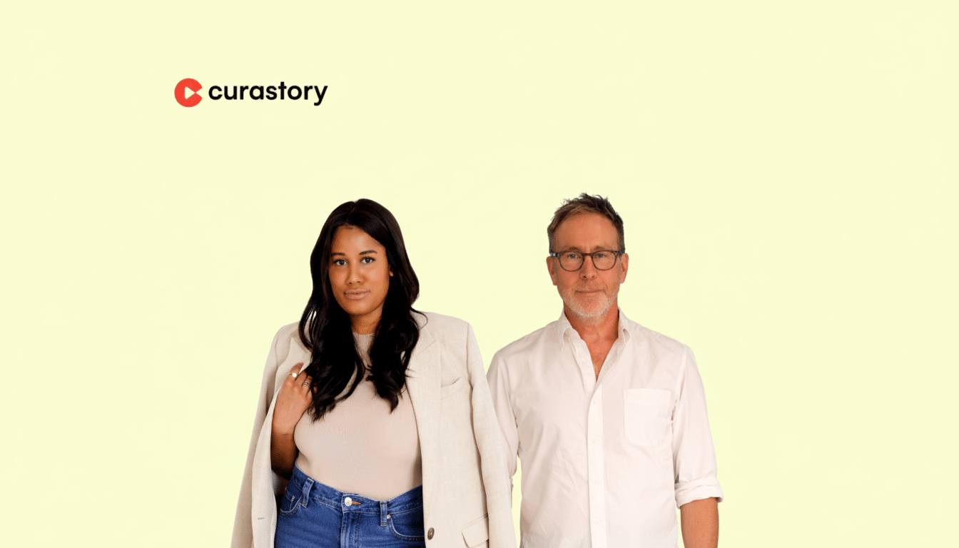A professional image of a woman and a man, both looking at the camera, with the Curastory logo in the top left corner. The image has been resized to a 16:9 aspect ratio.