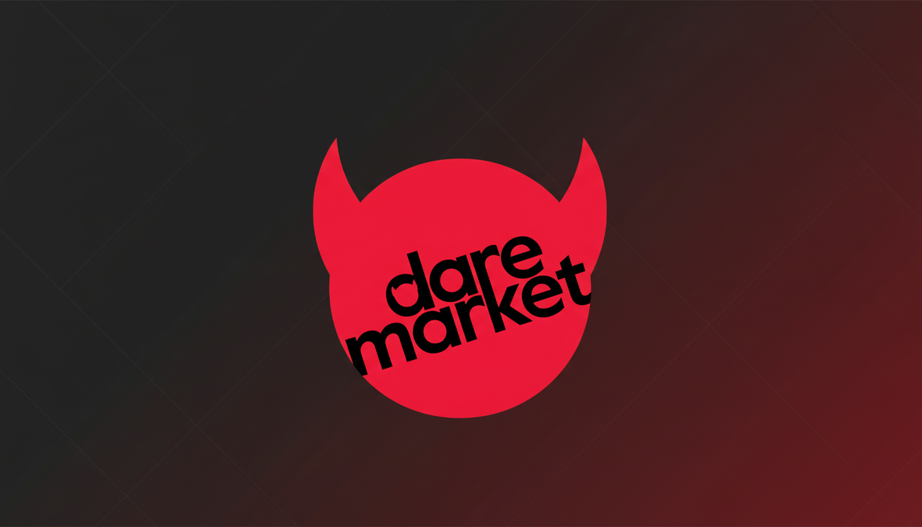 The dare market logo, featuring a red devil head silhouette with the words dare market in black text diagonally across it, presented on a professional dark grey and red gradient background with subtle geometric patterns.