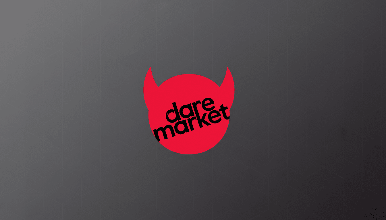 The Dare Market logo, featuring a red devil head silhouette with the words dare market in black text, is centered on a professional dark gray background with a subtle geometric pattern.