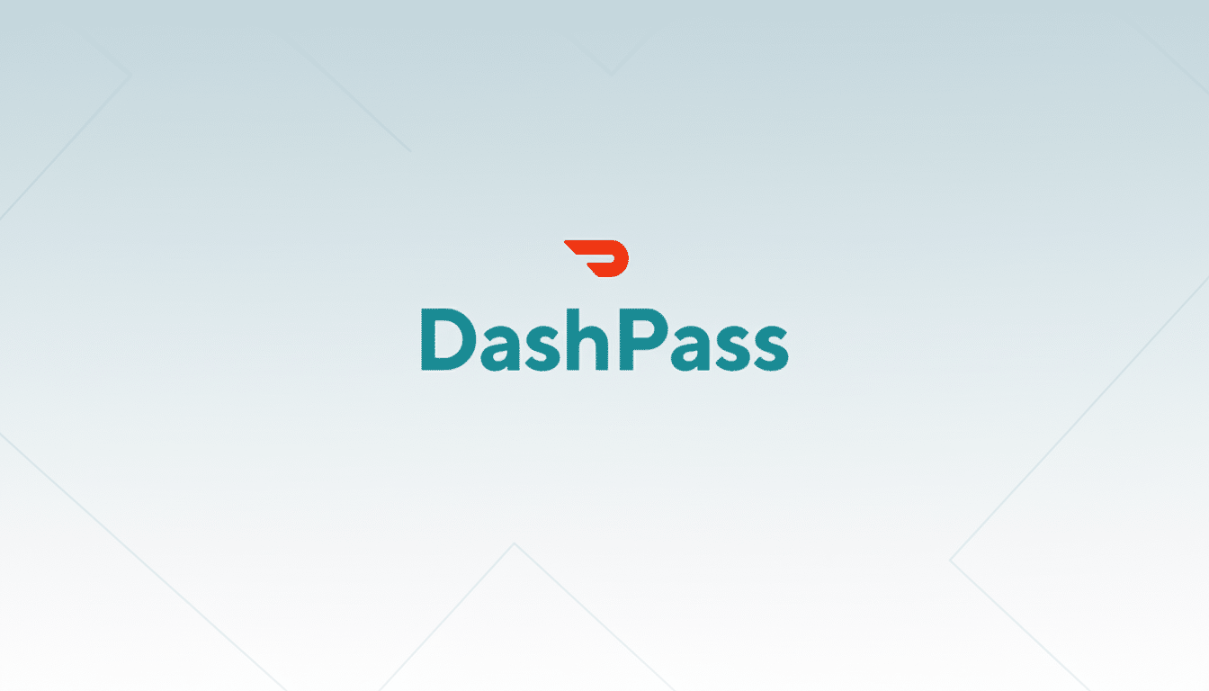 The DashPass logo, featuring a red DoorDash D icon above the word DashPass in teal, centered on a light blue background with subtle geometric patterns.