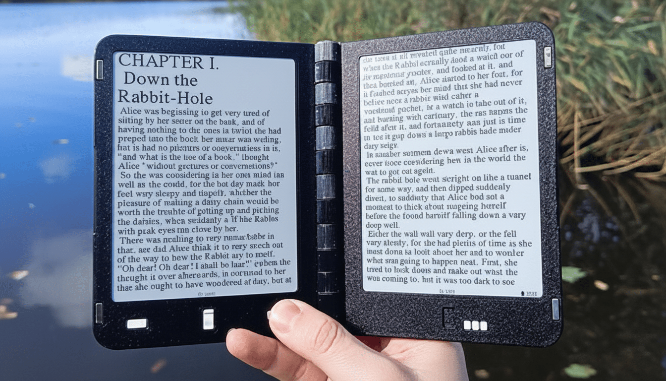 A person holding an open e-reader displaying Chapter 1. Down the Rabbit-Hole from Alice in Wonderland, with a blurred outdoor background.