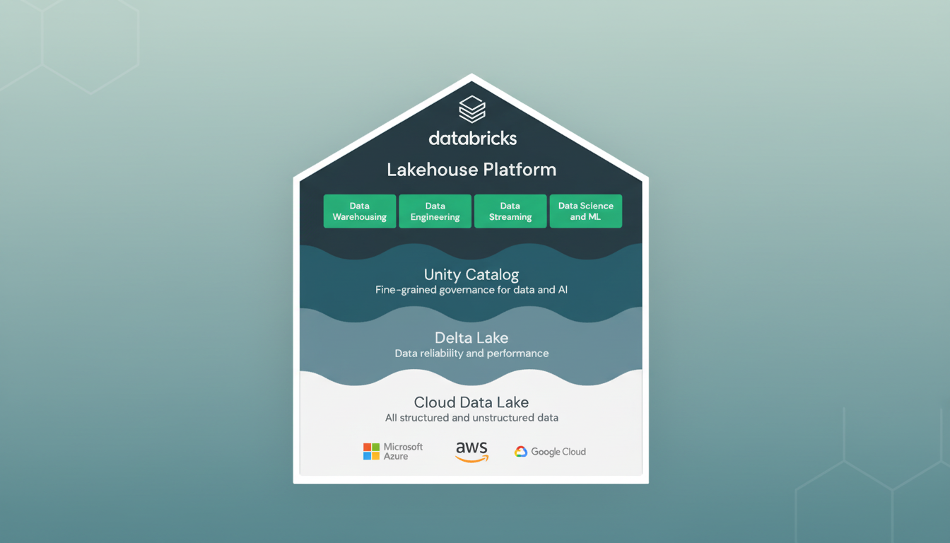 A professional diagram of the Databricks Lakehouse Platform, presented in a house-shaped graphic, resized to a 16:9 aspect ratio with a subtle geometric pattern background.