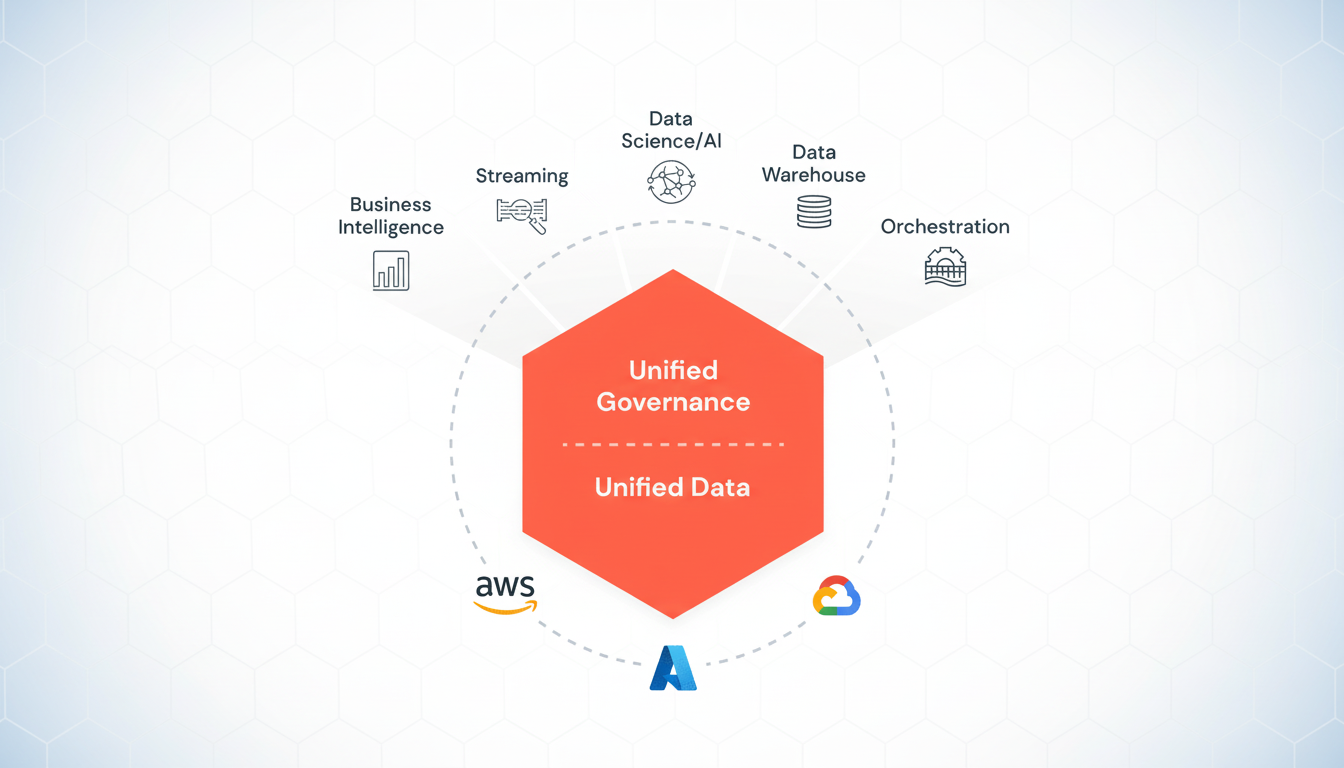 A diagram illustrating Unified Governance and Unified Data at the center of a hexagonal structure, surrounded by various data-related functions like Business Intelligence, Streaming, Data Science/AI, Data Warehouse, and Orchestration. Below the central hexagon are logos for AWS, Google Cloud, and Azure, indicating cloud platform integration. The background is a professional flat design with soft hexagonal patterns.