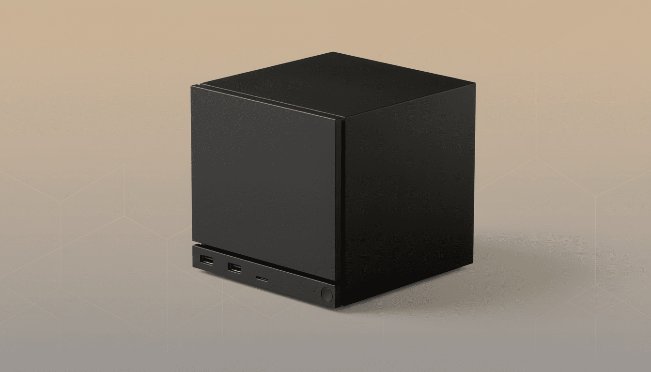 A black cube-shaped device with USB ports on the front, set against a professional flat design background with soft geometric patterns and a gradient.