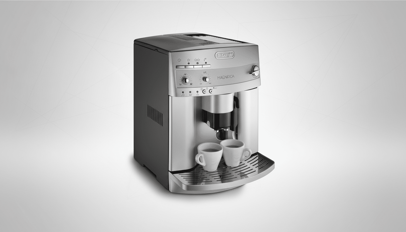 A silver and black DeLonghi Magnifica espresso machine with two white cups of espresso on its drip tray, set against a professional light gray background with subtle geometric patterns.