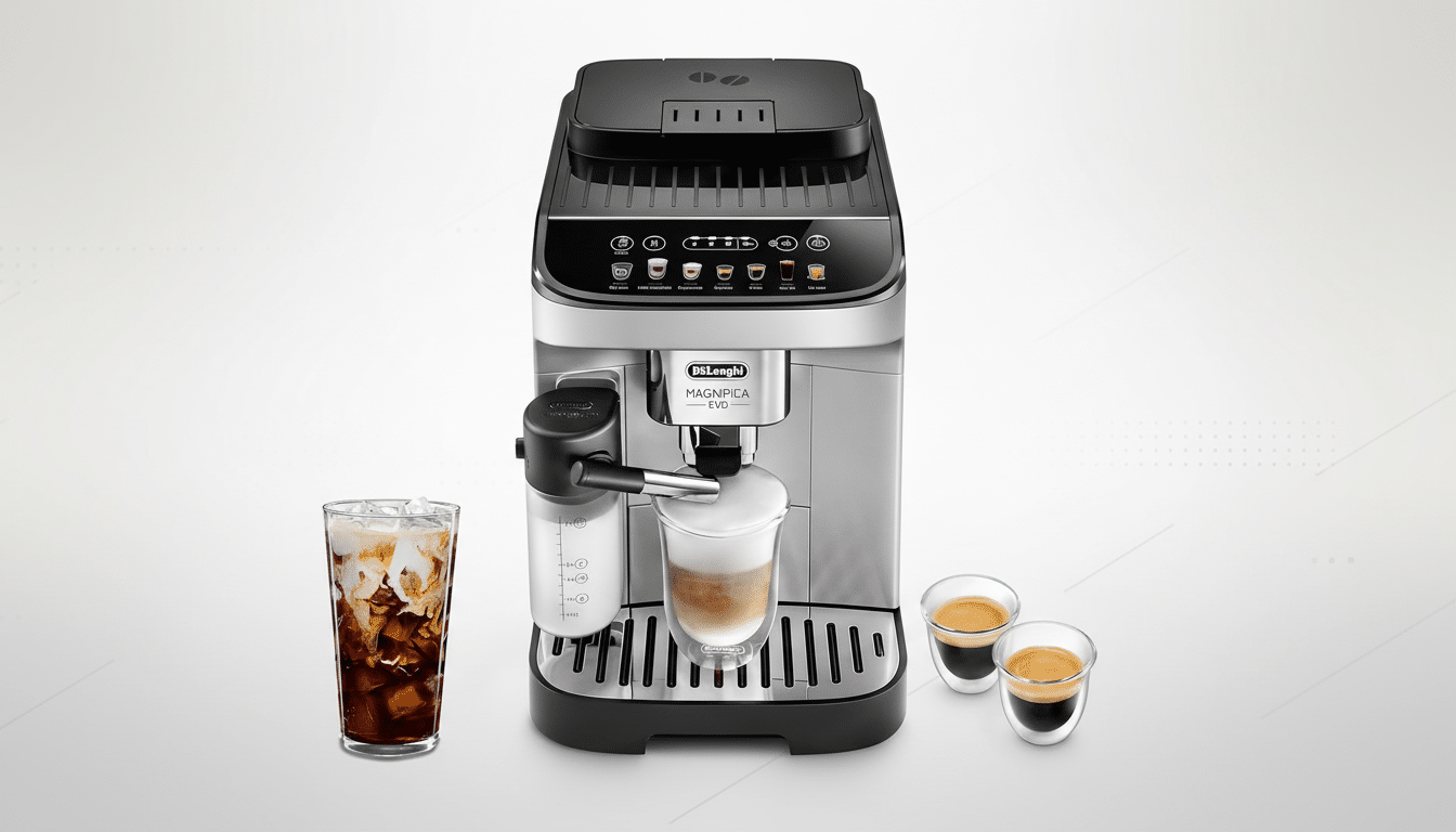 A DeLonghi Magnifica Evo coffee machine with a glass of iced coffee, a latte, and two espresso shots, set against a professional flat design background with soft patterns.