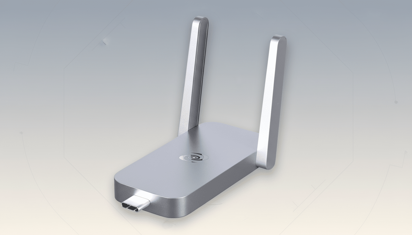 A silver USB-C adapter with two upright antennas, presented on a professional flat design background with soft patterns and gradients.