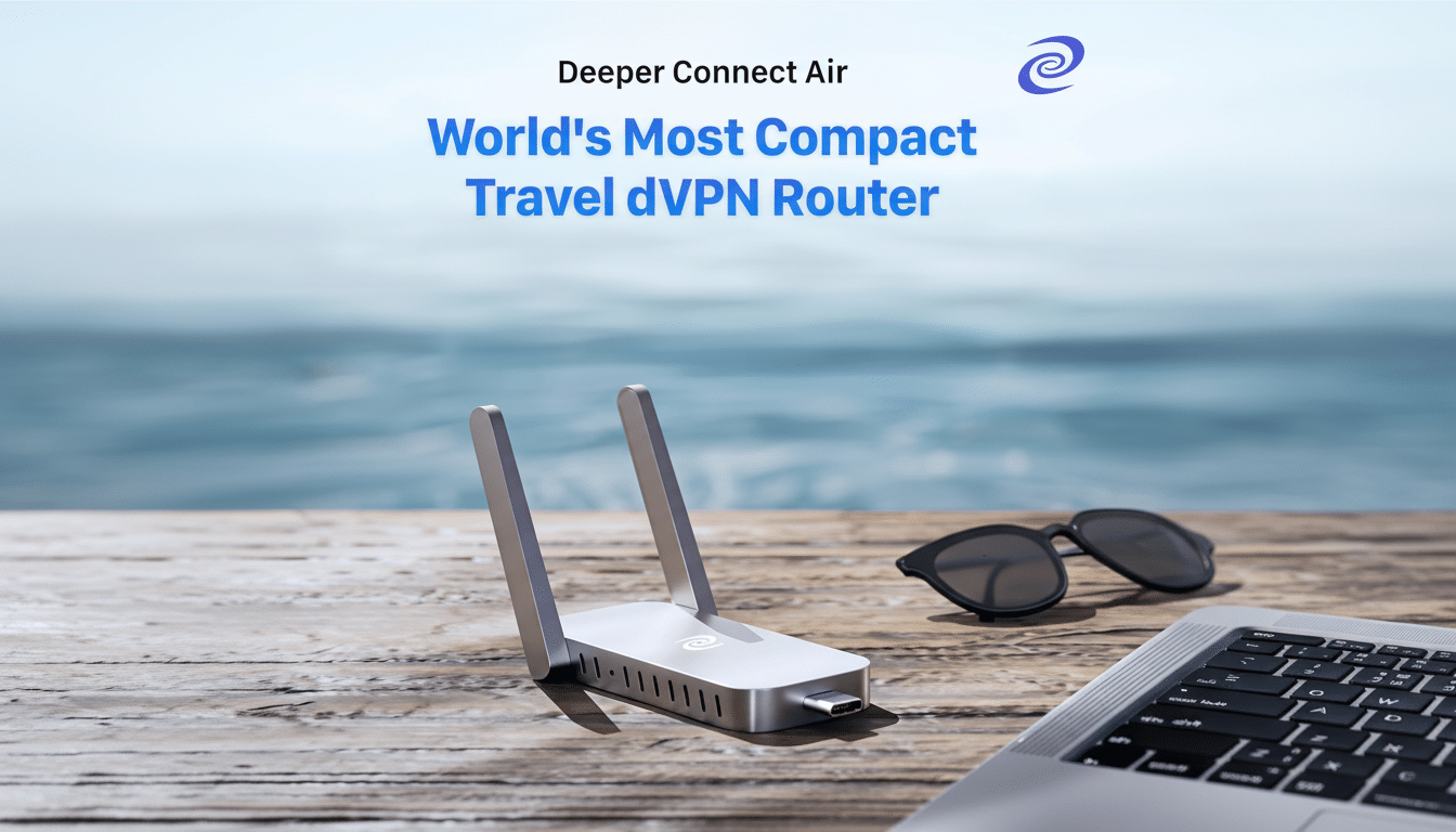 A Deeper Connect Air dVPN router, sunglasses, and a laptop on a wooden surface with a blurred ocean background, resized to a 16:9 aspect ratio.